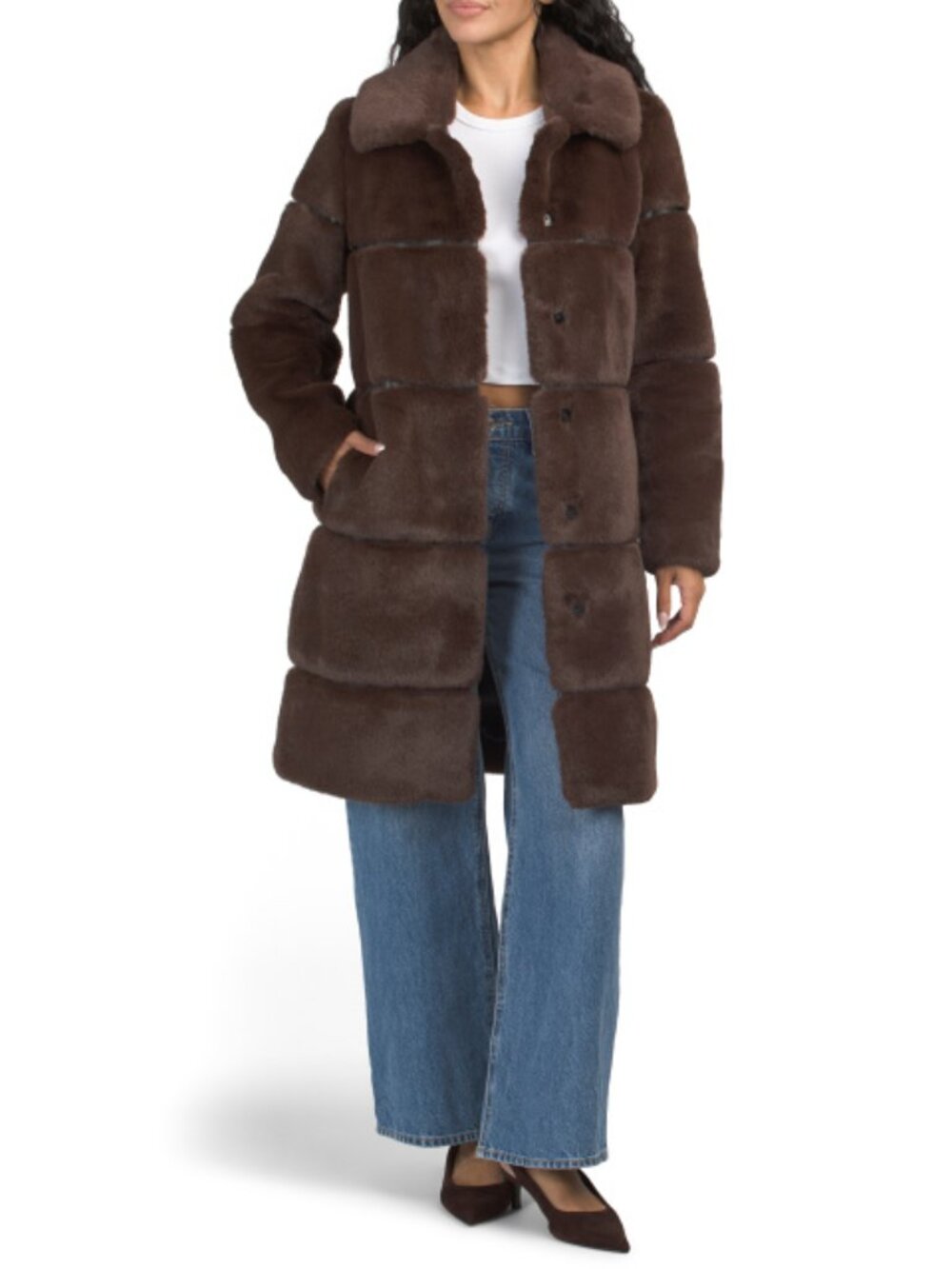 KARL LAGERFELD PARIS Faux Leather Channeling Long Faux Fur Coat
